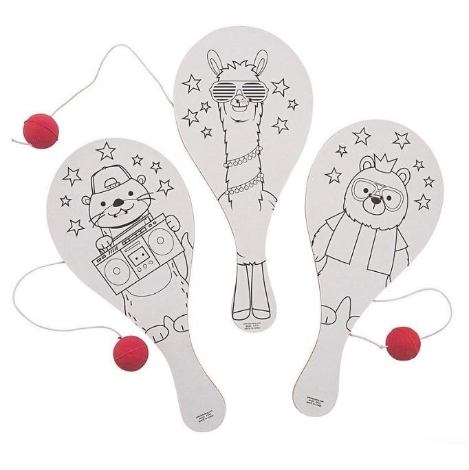 Color Your Own Party Animal Paddle Ball Games (12 Pack) - EconoCrafts