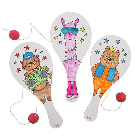 Color Your Own Party Animal Paddle Ball Games (12 Pack) - EconoCrafts
