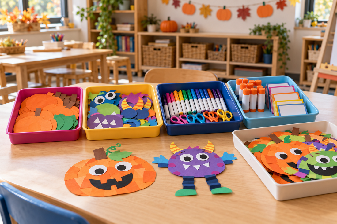 Organized Halloween craft table with colorful supply bins, paper pumpkins, friendly monster crafts, markers, and scissors.