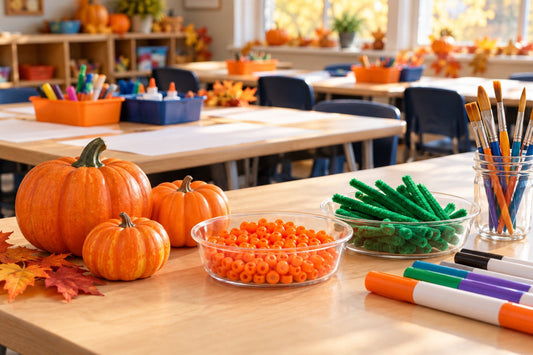 Halloween craft classroom prepared with pumpkins, orange beads, green chenille stems, markers, and organized supply bins.