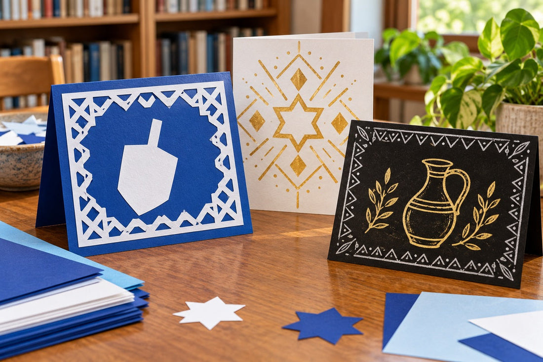 Handmade blue-and-white and metallic greeting cards with a paper dreidel silhouette, a geometric design, and an oil-jug illustration.