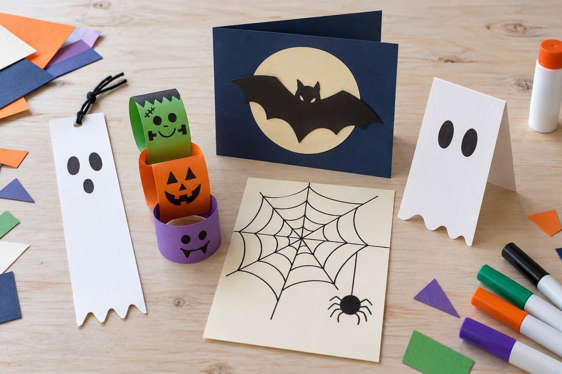 A ghost bookmark, monster paper chain, bat card, spiderweb drawing, and standing ghost card on a craft table.