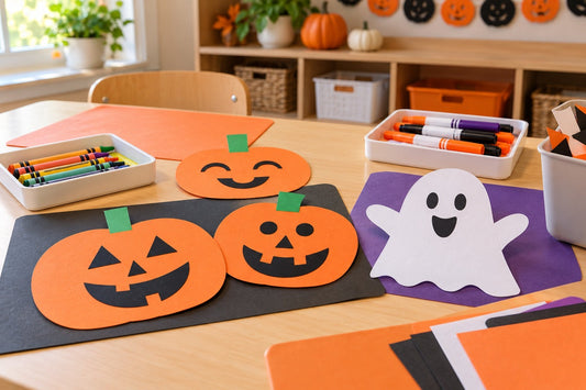Paper pumpkins and a friendly paper ghost on a tidy classroom craft table with crayons and capped markers.