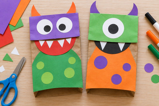 Two paper-bag monster puppets with colorful paper faces, horns, eyes, teeth, and spotted bodies.