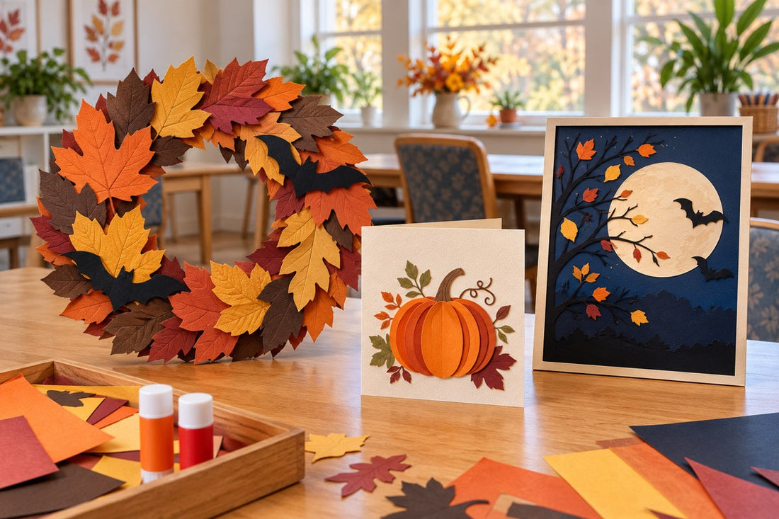 A paper-leaf wreath, pumpkin greeting card, and moon-and-bat silhouette panel arranged on a craft table.