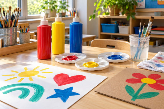 Paint bottles, brushes, and colorful paper artwork arranged at a classroom painting station.