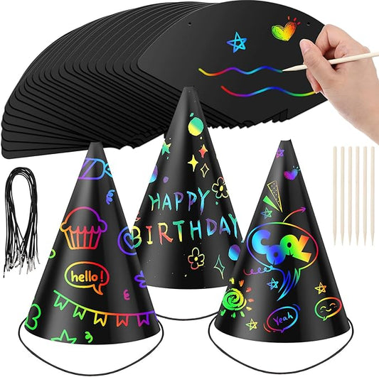 DIY Scratch Art Birthday Party Hats Craft Kit (36 Pack)