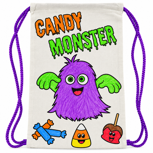 An off-white canvas drawstring backpack featuring a colorful 'Candy Monster' design with a purple furry monster, green wings, and Halloween treats like candy canes, a candy corn, and a caramel apple.