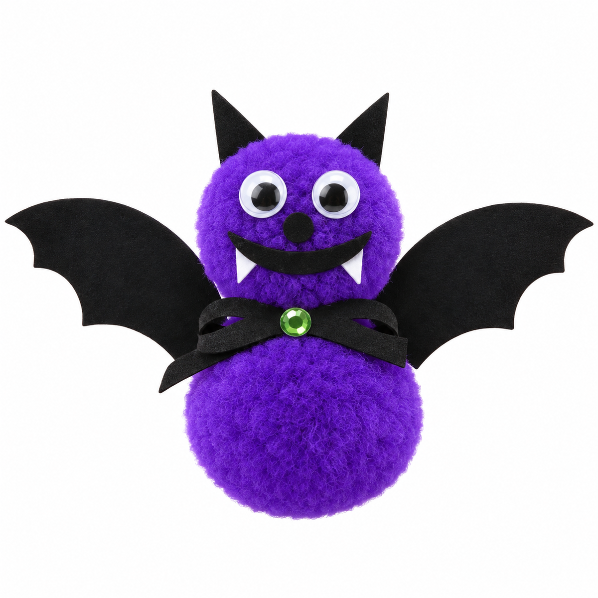 Finished purple pom-pom bat craft with large black foam wings, triangular ears, googly eyes, white fangs, and a green rhinestone on its black bow.