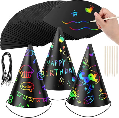DIY Scratch Art Birthday Party Hats Craft Kit (36 Pack)