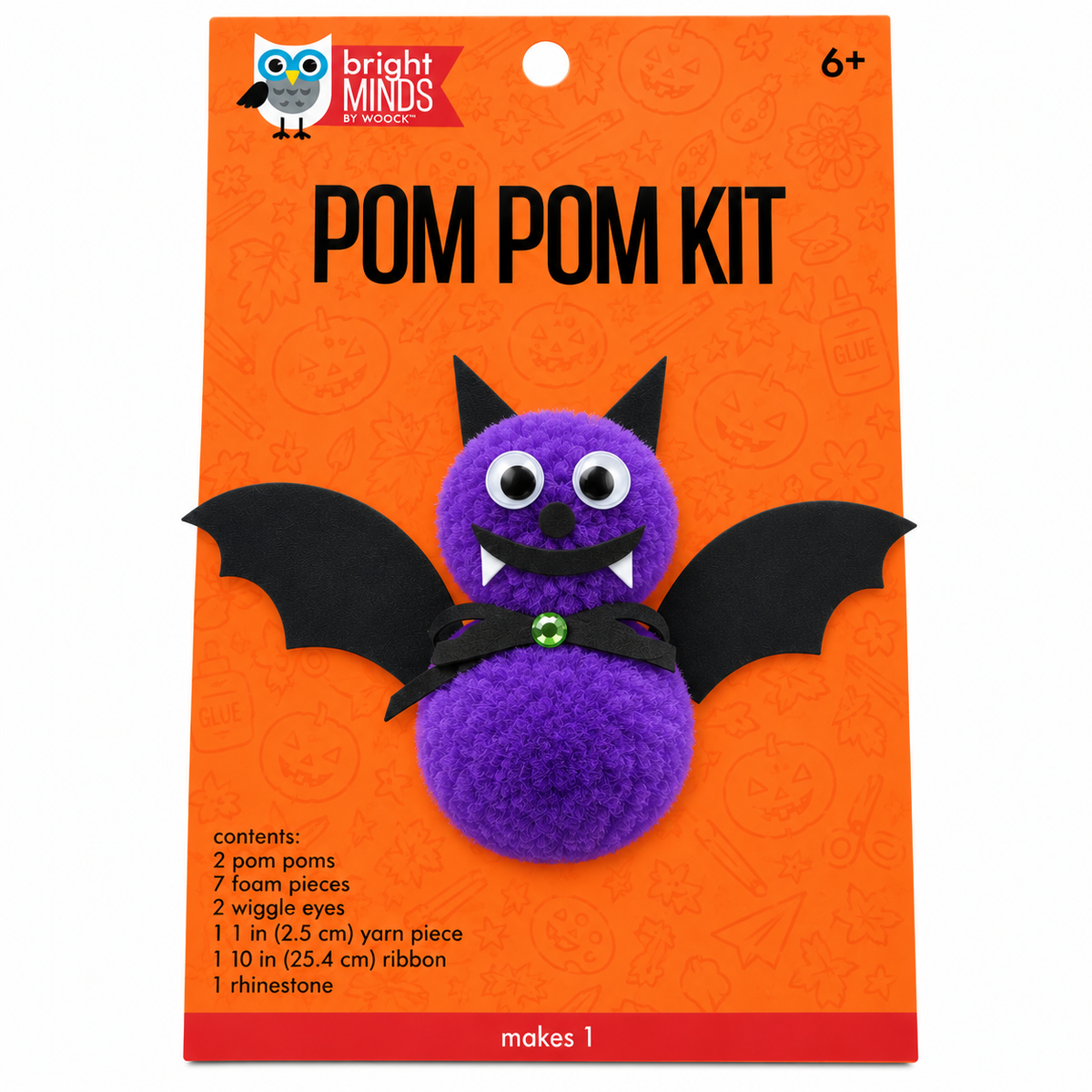 Bright Minds by Melissa Pom Pom Kit featuring a purple pom-pom bat with black wings and a black sash, displayed on its orange retail backing card.