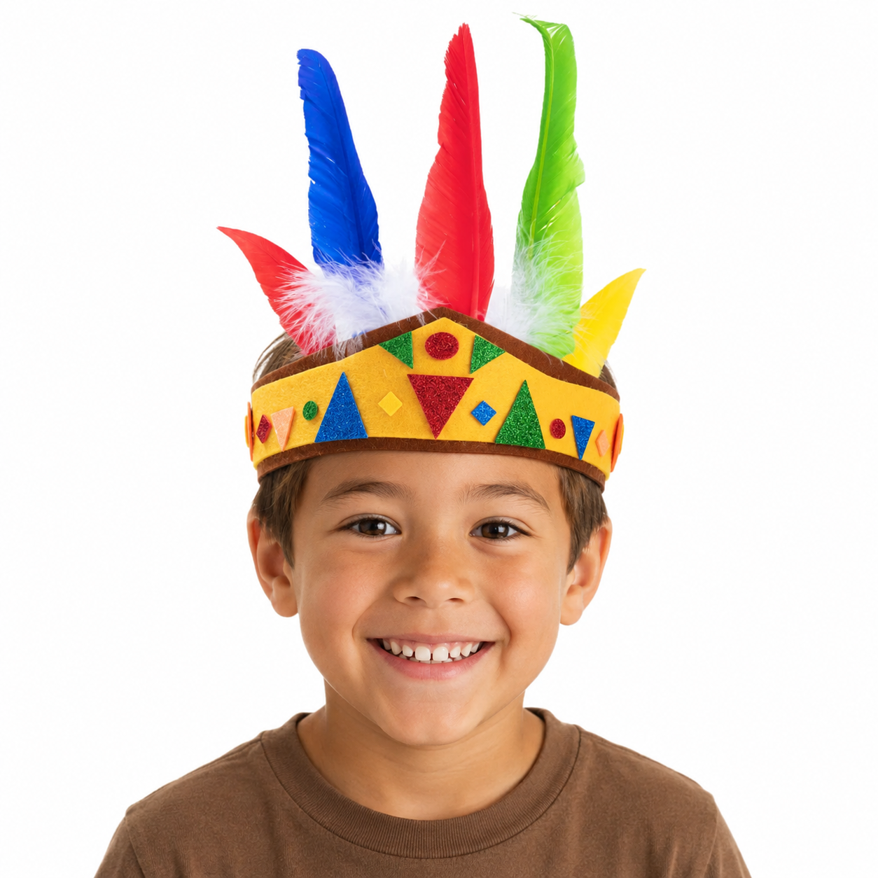 Smiling child wearing a finished DIY Indian Headband craft decorated with colorful feathers and glitter foam shapes.