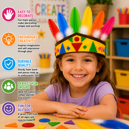 Child wearing a finished DIY Indian Headband beside a graphic highlighting creativity, decorating, and group craft activity benefits.