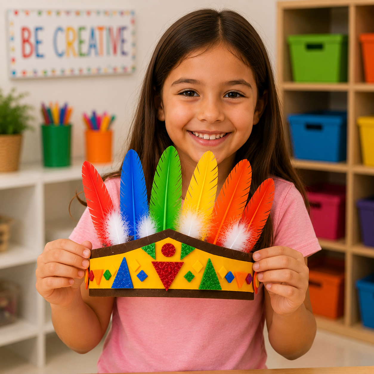Smiling child proudly holding her completed DIY Indian Headband craft with colorful feathers and glitter foam shapes.