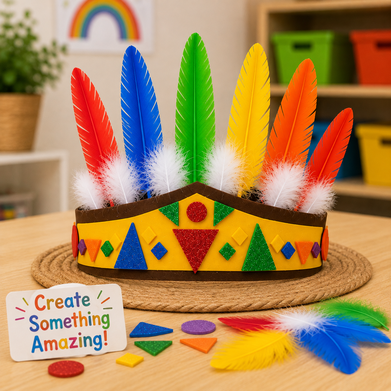 Finished DIY Indian Headband craft displayed with colorful feathers and glitter foam decorations in a classroom craft setting.