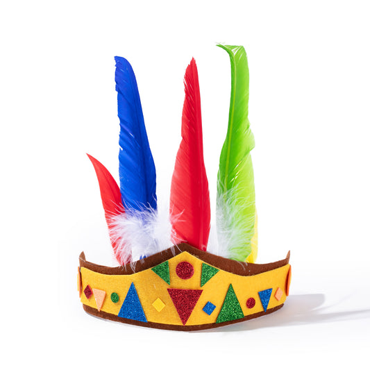 Finished DIY Indian Headband craft decorated with colorful feathers and glitter foam shapes.