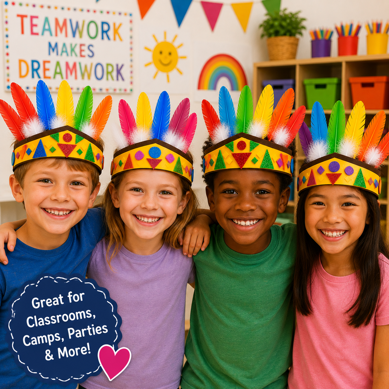 Group of children wearing their finished DIY Indian Headband crafts with colorful feathers and glitter foam decorations.