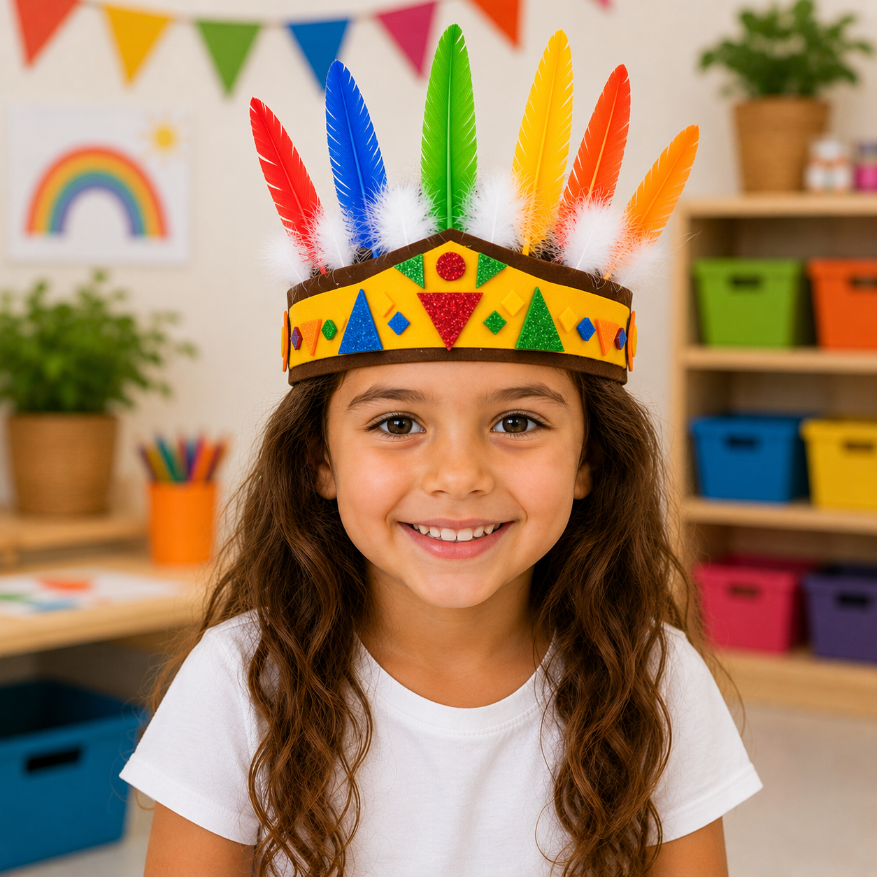 Child wearing a finished DIY Indian Headband craft with colorful feathers and glitter foam shapes.