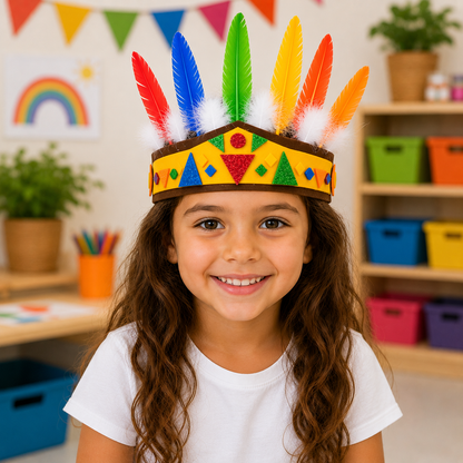Child wearing a finished DIY Indian Headband craft with colorful feathers and glitter foam shapes.