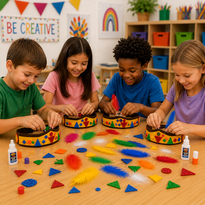 Children decorating DIY Indian Headband crafts with colorful feathers and glitter foam shapes at a classroom craft table.