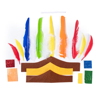 DIY Indian Headband kit components including felt headband pieces, colorful feathers, glitter foam shapes, and elastic.