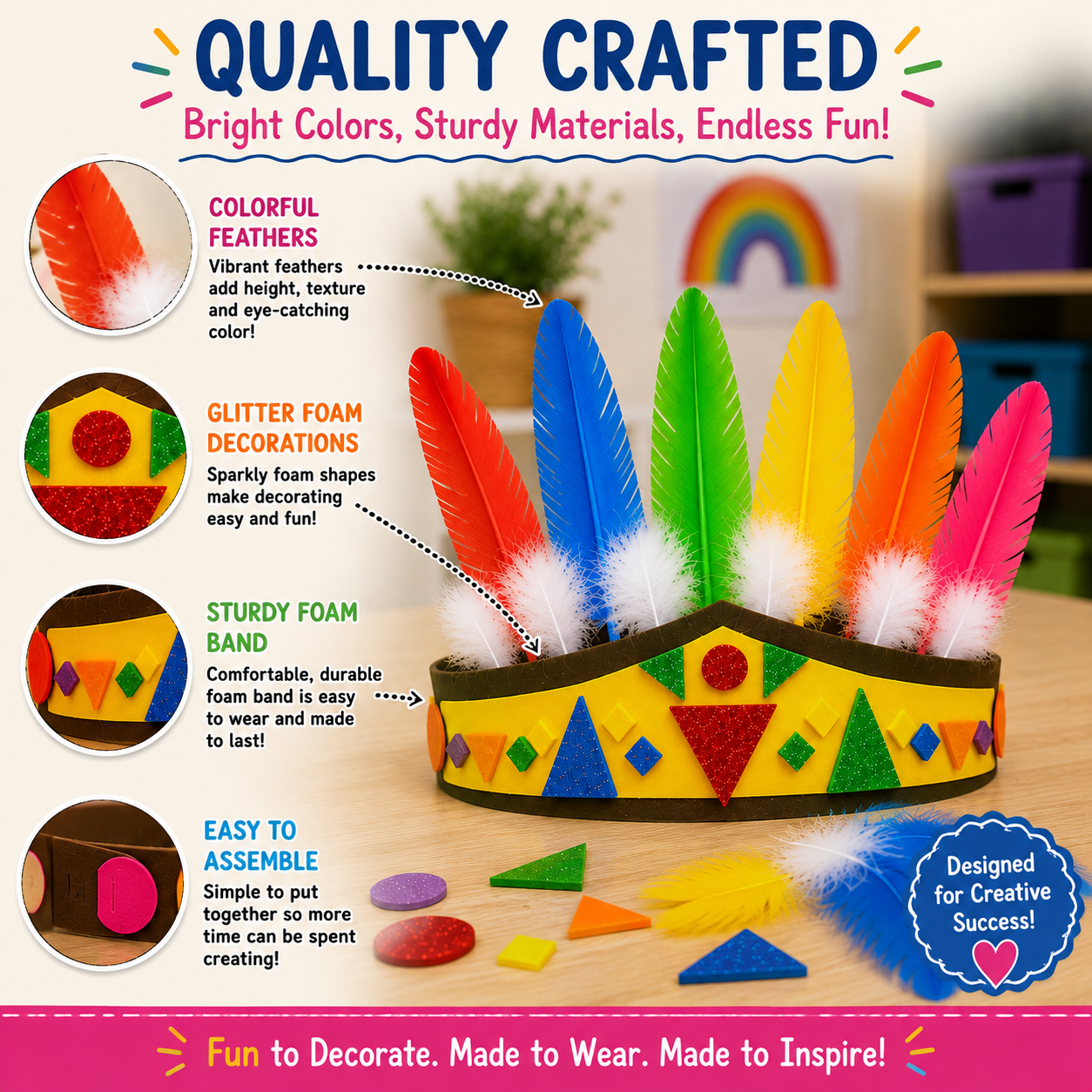 DIY Indian Headband craft shown with close-up callouts highlighting the colorful feathers, glitter foam decorations, and layered foam band.
