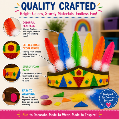 DIY Indian Headband craft shown with close-up callouts highlighting the colorful feathers, glitter foam decorations, and layered foam band.