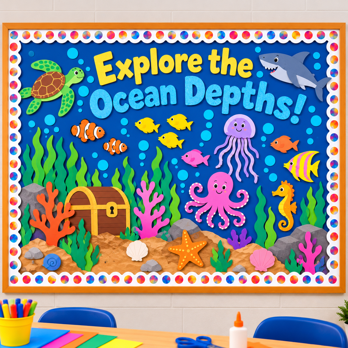 Finished ocean-themed classroom bulletin board with blue Fadeless Paper background, colorful fish, sea turtle, shark, octopus, jellyfish, coral, and underwater decorations.