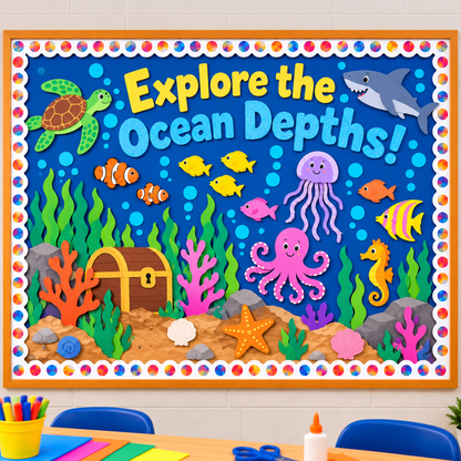 Finished ocean-themed classroom bulletin board with blue Fadeless Paper background, colorful fish, sea turtle, shark, octopus, jellyfish, coral, and underwater decorations.