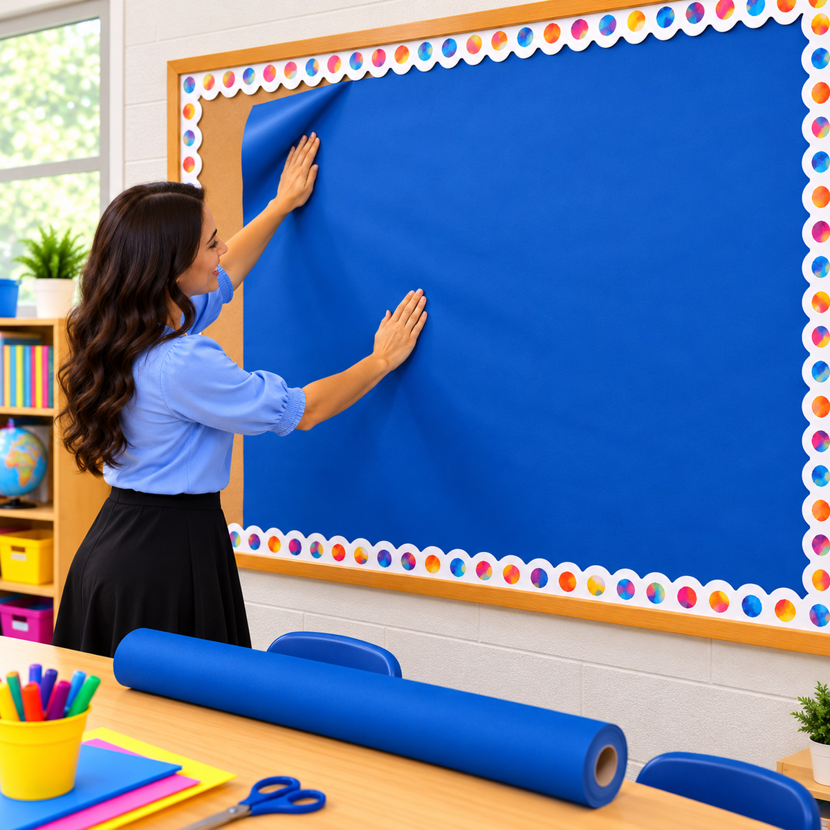 Teacher applying blue Fadeless Paper Roll to a classroom bulletin board, creating a vibrant blue background for an educational ocean-themed display.
