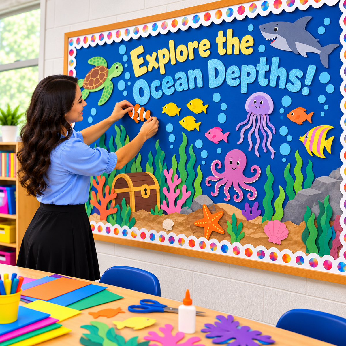 Teacher decorating an underwater-themed classroom bulletin board covered with blue Fadeless Paper, featuring colorful fish, a sea turtle, shark, octopus, jellyfish, coral, and ocean plants.