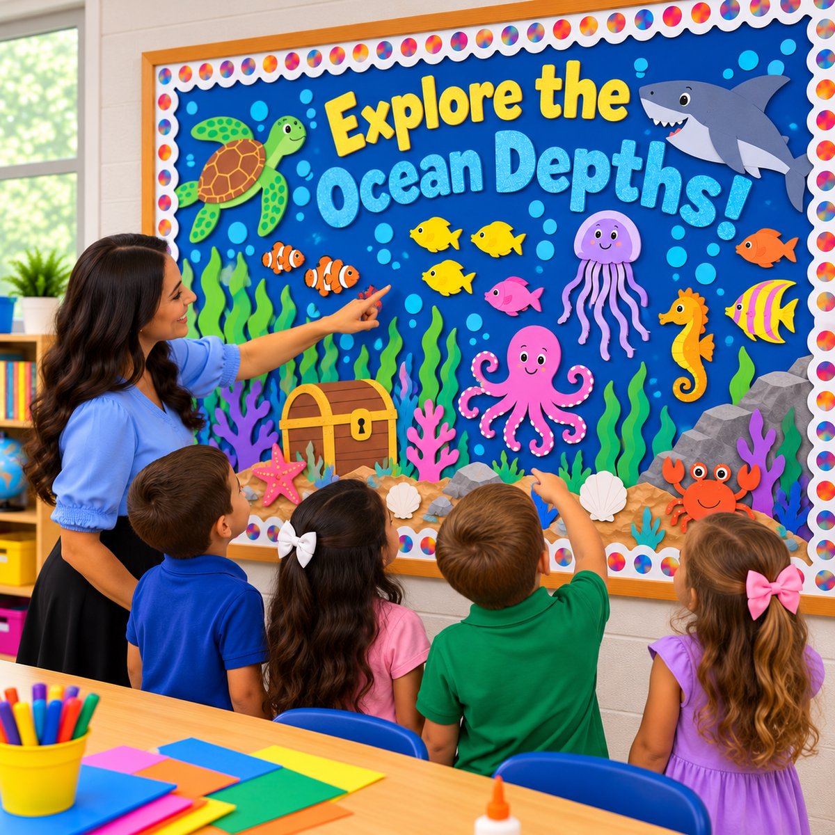 Teacher and four elementary school students exploring an ocean-themed classroom bulletin board covered with blue Fadeless Paper, featuring colorful fish, a shark, sea turtle, jellyfish, octopus, and underwater decorations.