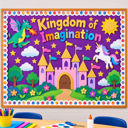 Finished Kingdom of Imagination classroom bulletin board featuring violet Fadeless Paper as the background, decorated with a colorful castle, dragon, unicorn, stars, and paper flowers.
