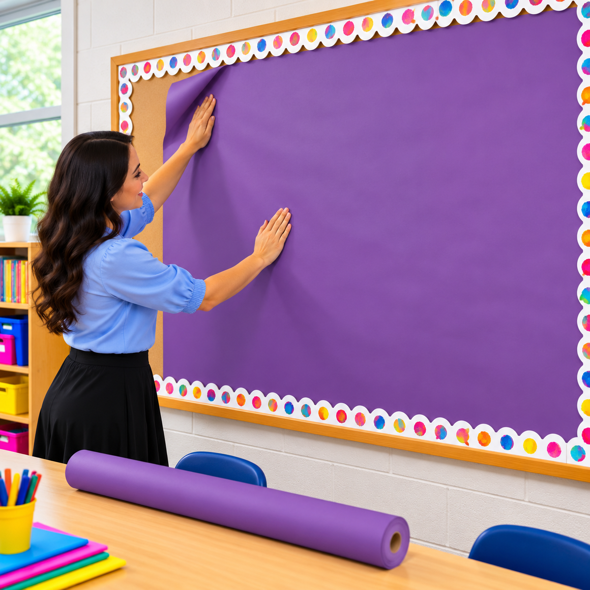 Teacher installing violet Fadeless Paper Roll on a classroom bulletin board, creating a colorful purple background for educational displays.