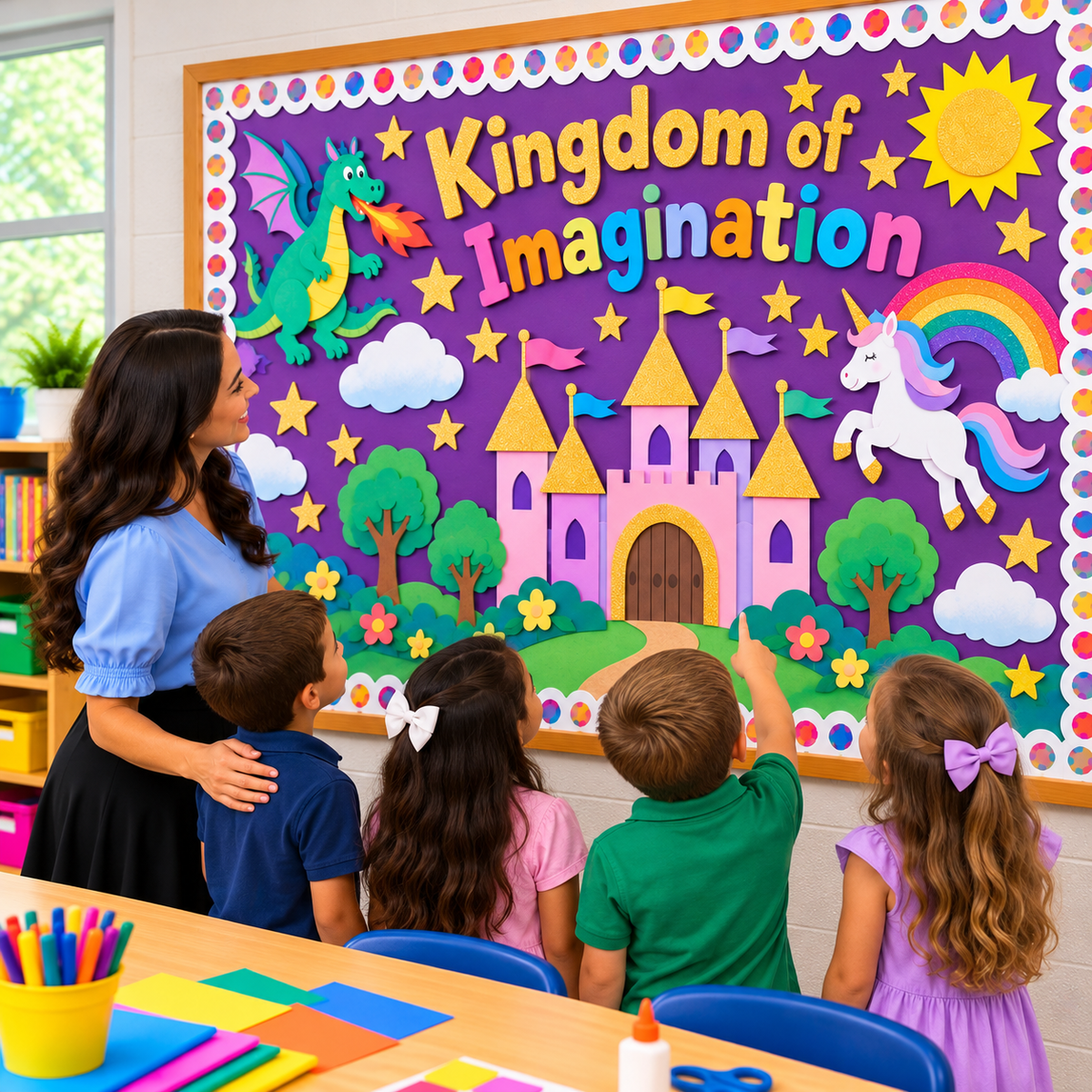 Teacher and four elementary school students admiring a Kingdom of Imagination classroom bulletin board decorated with a castle, dragon, unicorn, and colorful paper crafts on violet Fadeless Paper.