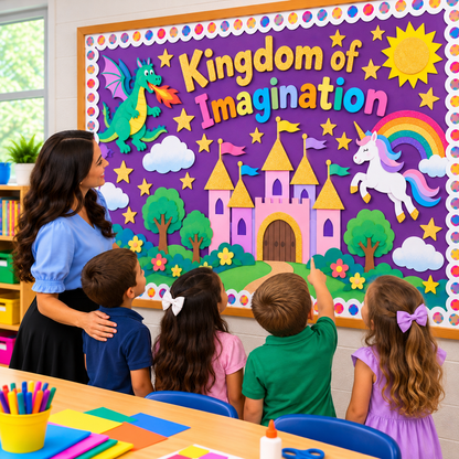 Teacher and four elementary school students admiring a Kingdom of Imagination classroom bulletin board decorated with a castle, dragon, unicorn, and colorful paper crafts on violet Fadeless Paper.