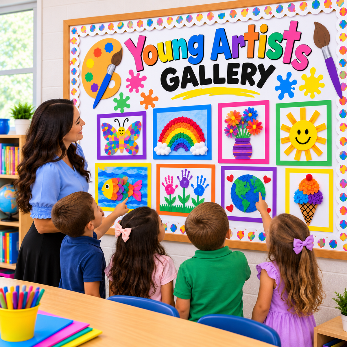 Teacher and elementary school students admiring colorful artwork displayed on a classroom bulletin board covered with white Fadeless Paper.